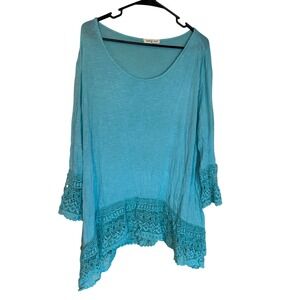 Indigo Soul Womens Top XL‎ Blue Crochet Bell Sleeve Tunic Blouse